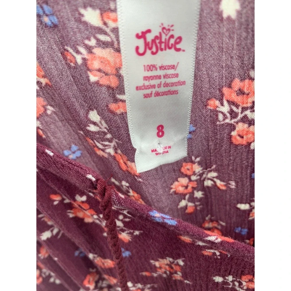 Justice Girls Floral Smocked Waist Boho Dress Burgundy Crochet Sleeve Size 8